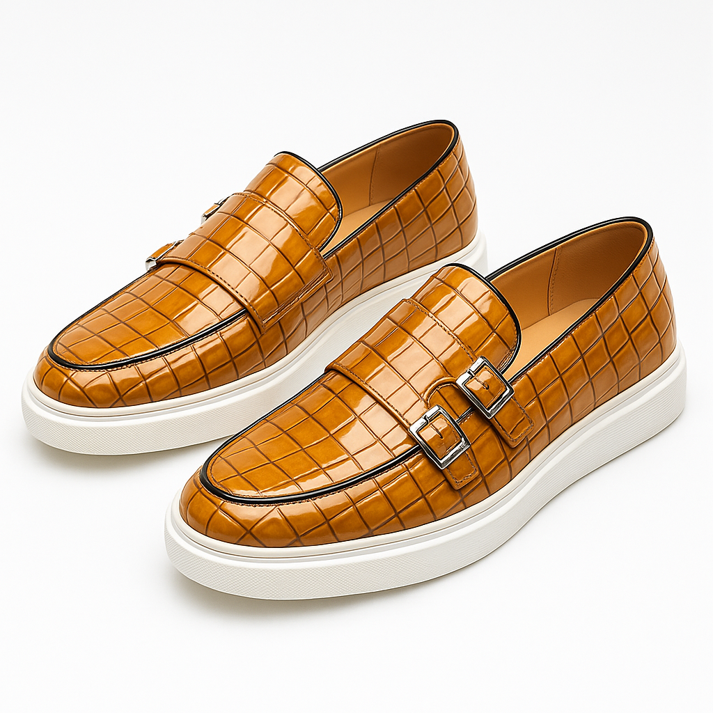Twin Buckle Croc-Texture Loafers