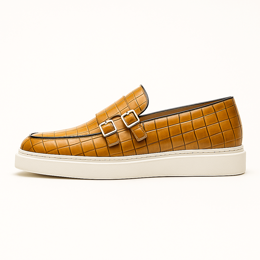 Twin Buckle Croc-Texture Loafers
