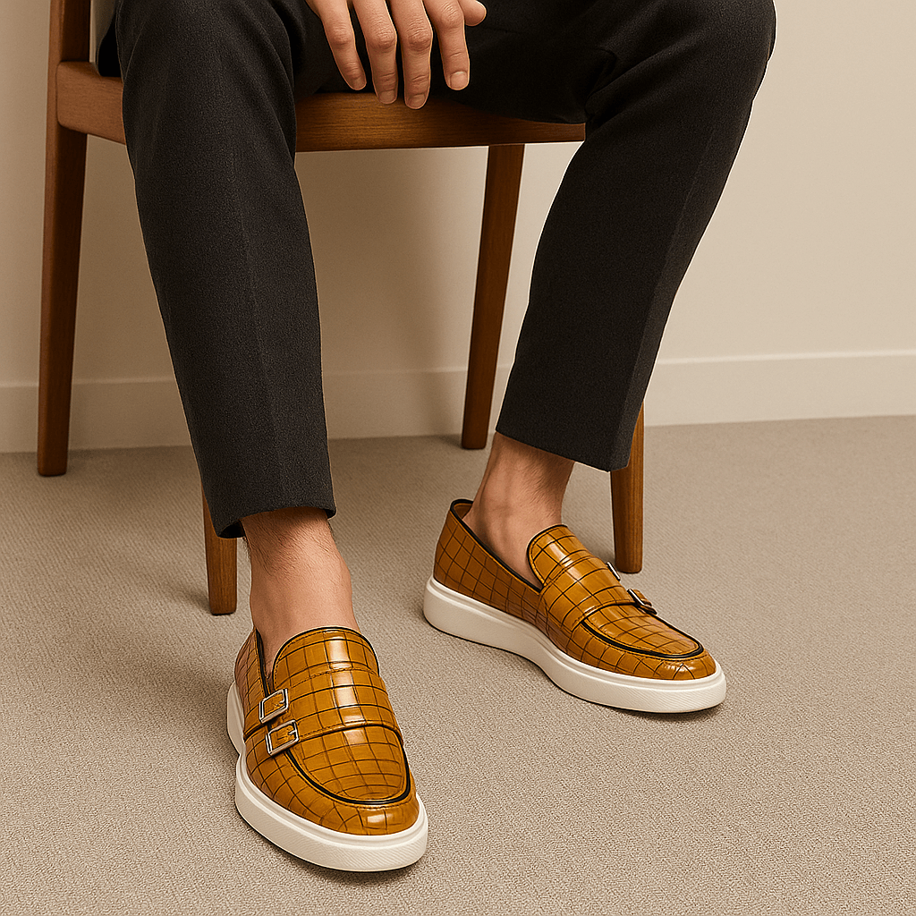 Twin Buckle Croc-Texture Loafers