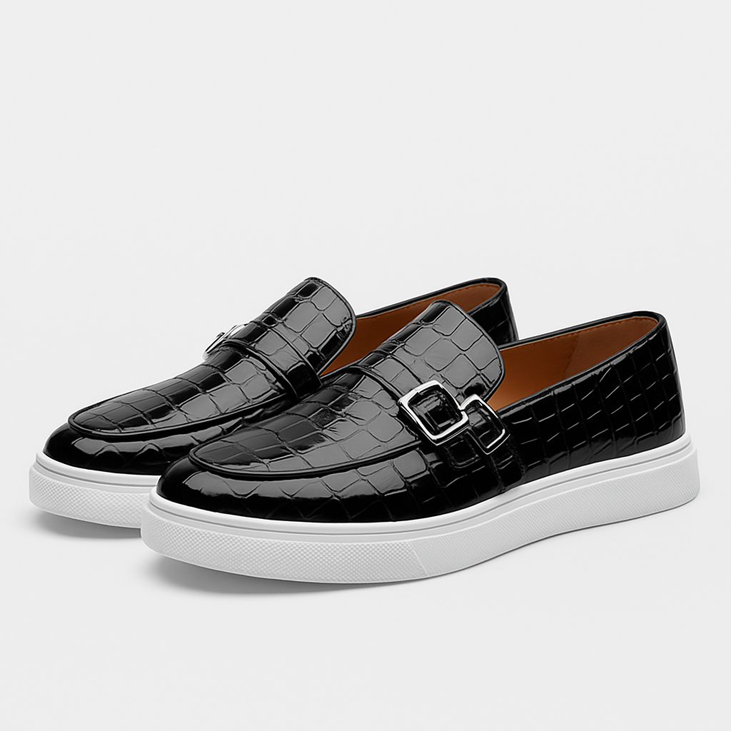 Twin Buckle Croc-Texture Loafers