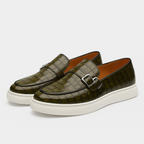 Twin Buckle Croc-Texture Loafers