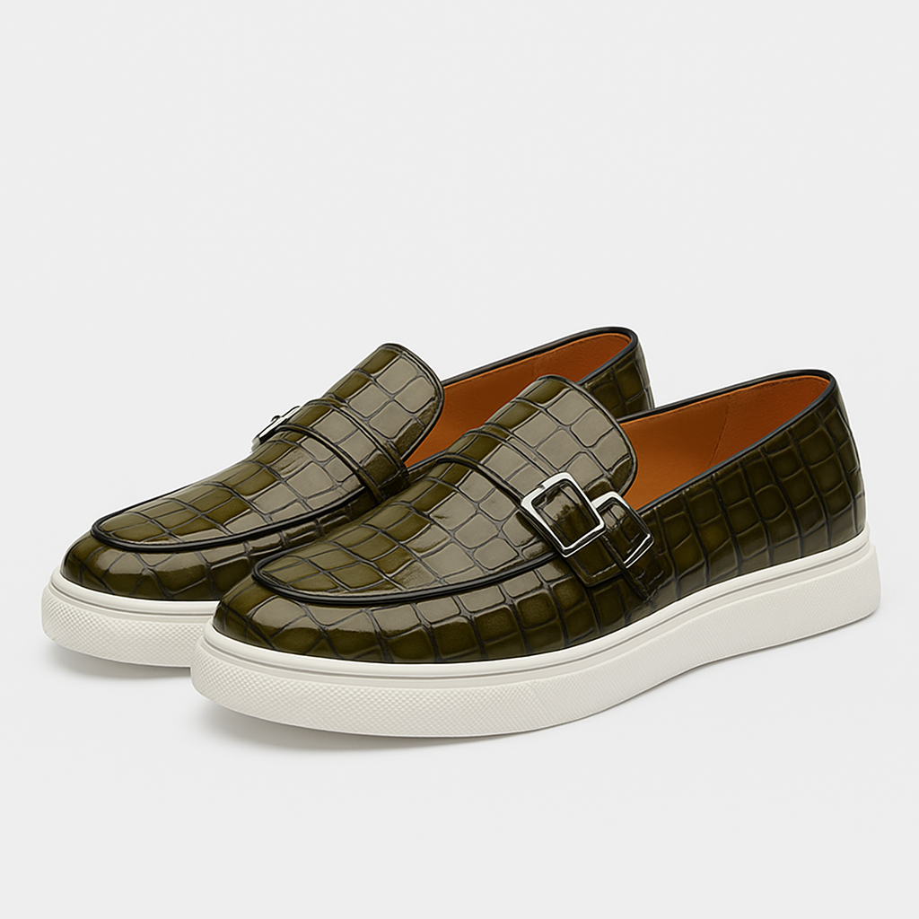 Twin Buckle Croc-Texture Loafers