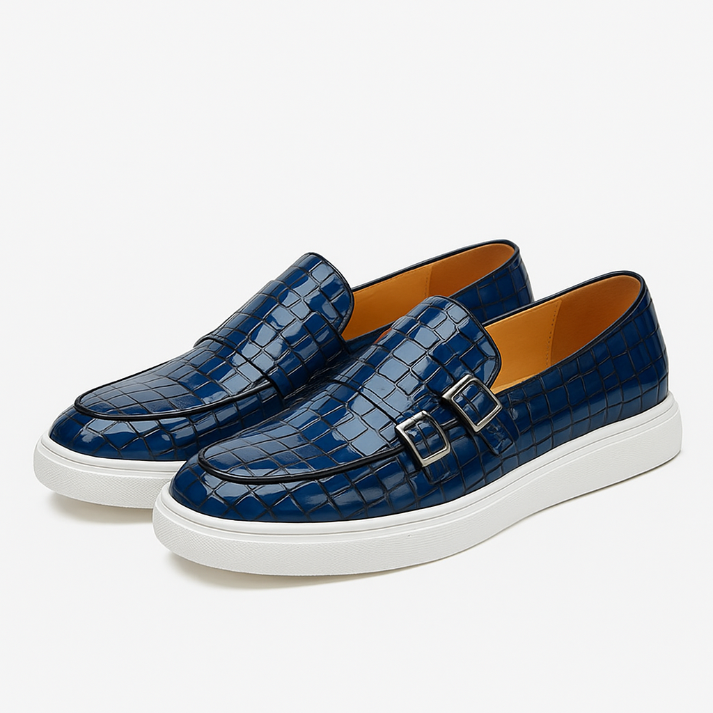 Twin Buckle Croc-Texture Loafers